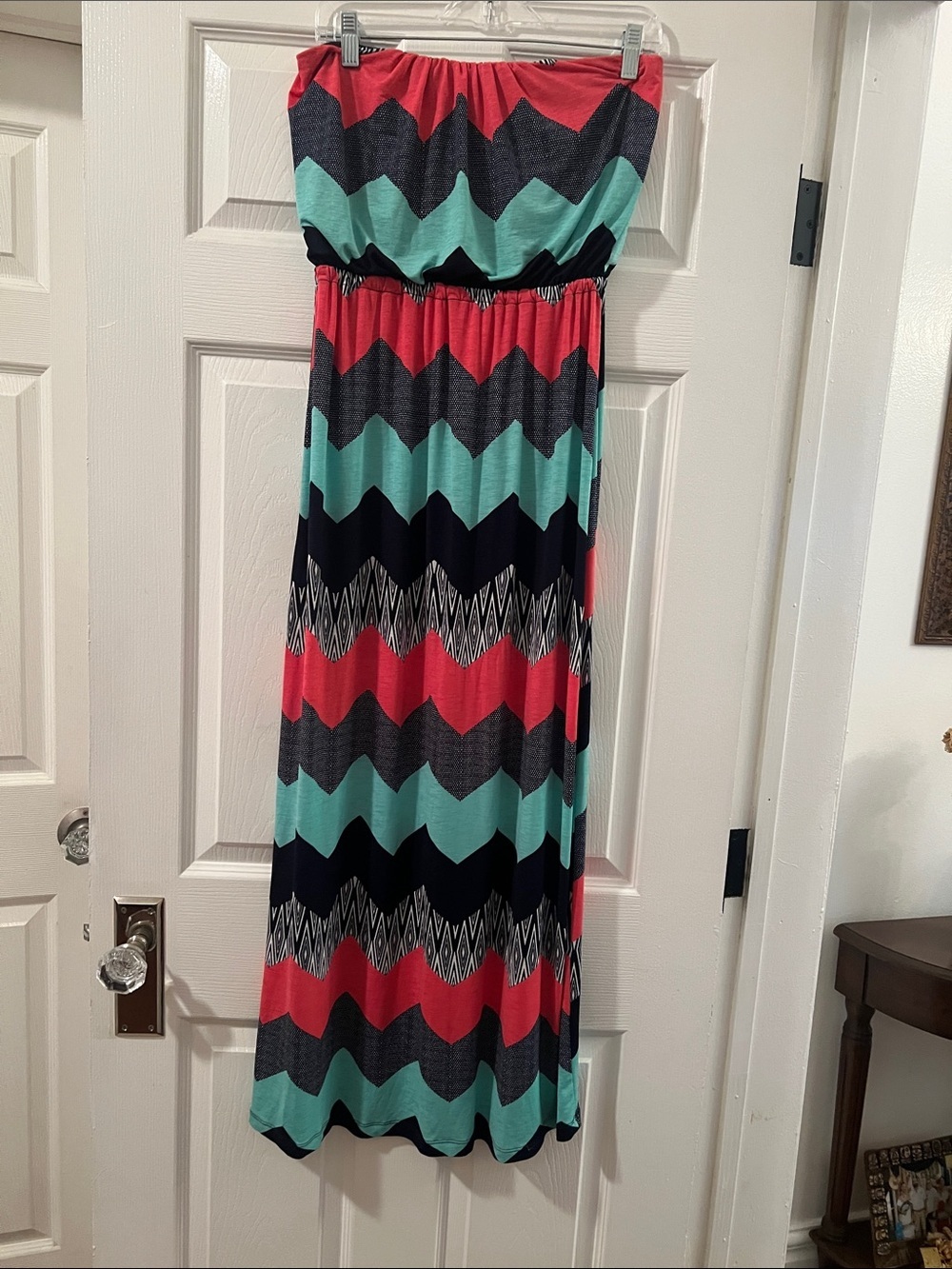 Windsor Strapless Chevron Maxi Dress in Coral, Teal & Navy